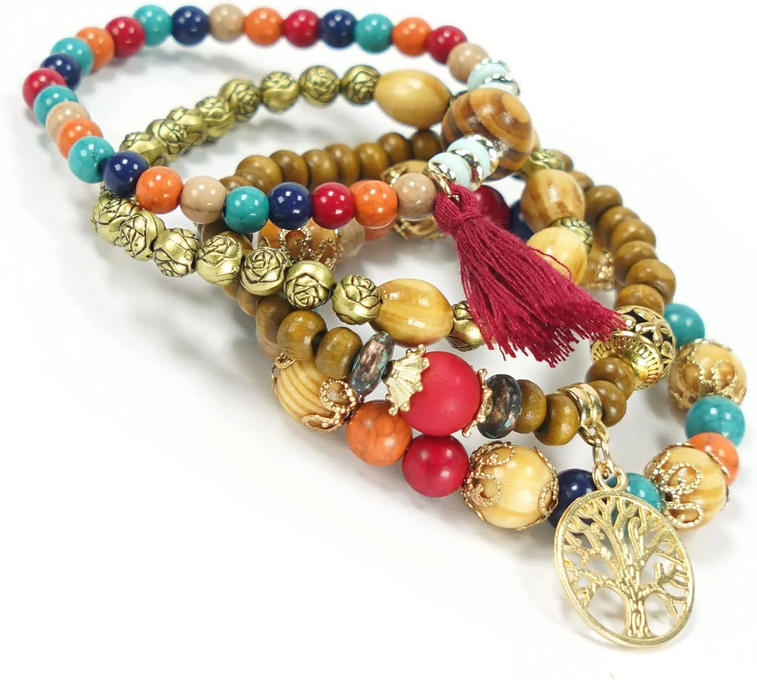 4Pcs/Set Bohemian Bracelets Multilayer Wood Beads Charm Bracelets for Women