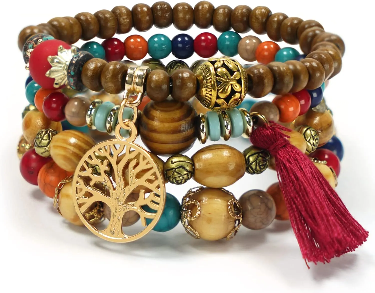 4Pcs/Set Bohemian Bracelets Multilayer Wood Beads Charm Bracelets for Women