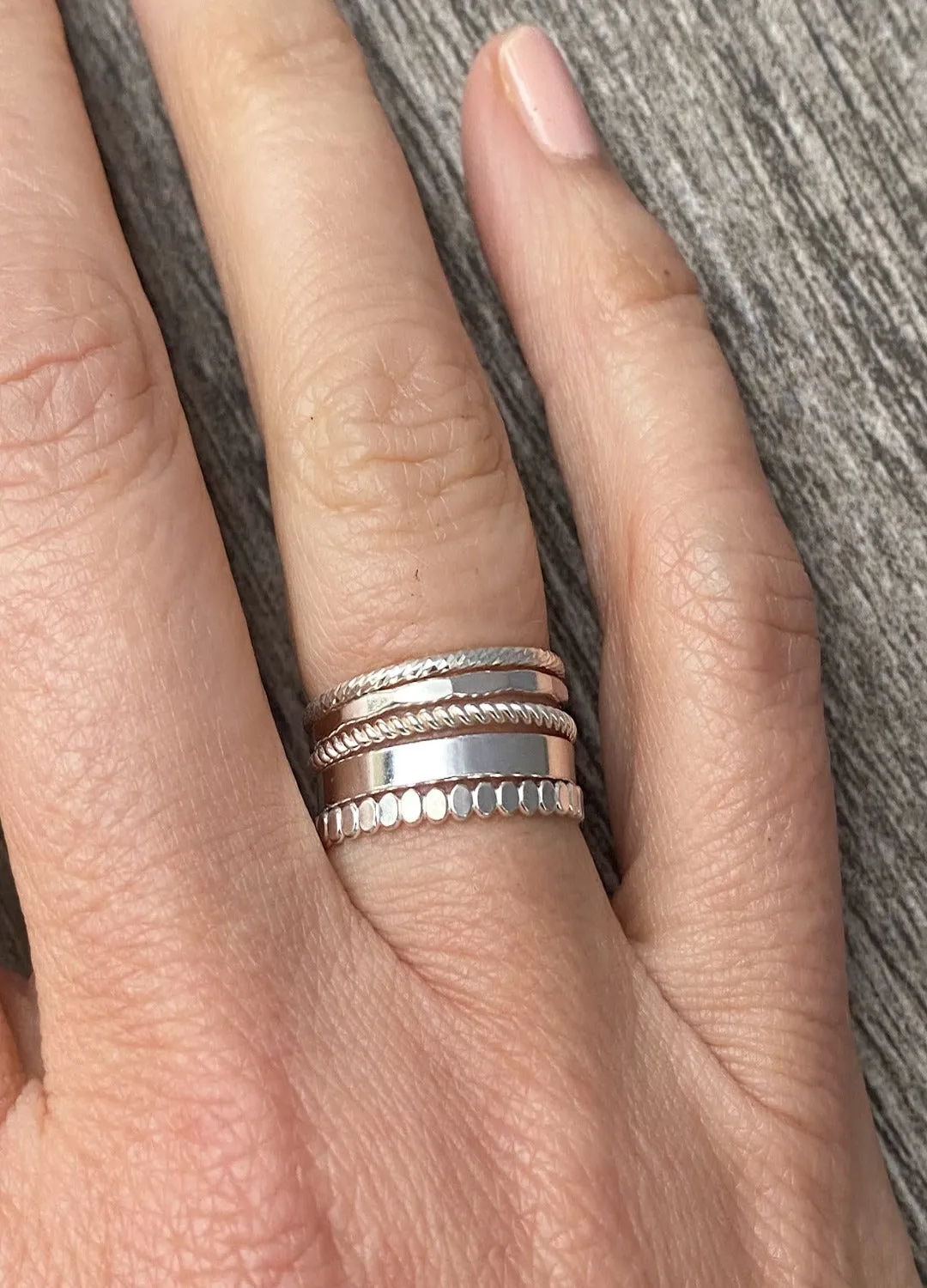 5 Stacking Skinny Rings (Sparkle, Flat, Beaded, Twisted, Hammered)