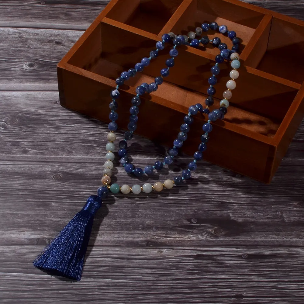 8mm Amazonite Sodalite Beaded Knotted 108 Mala Necklace