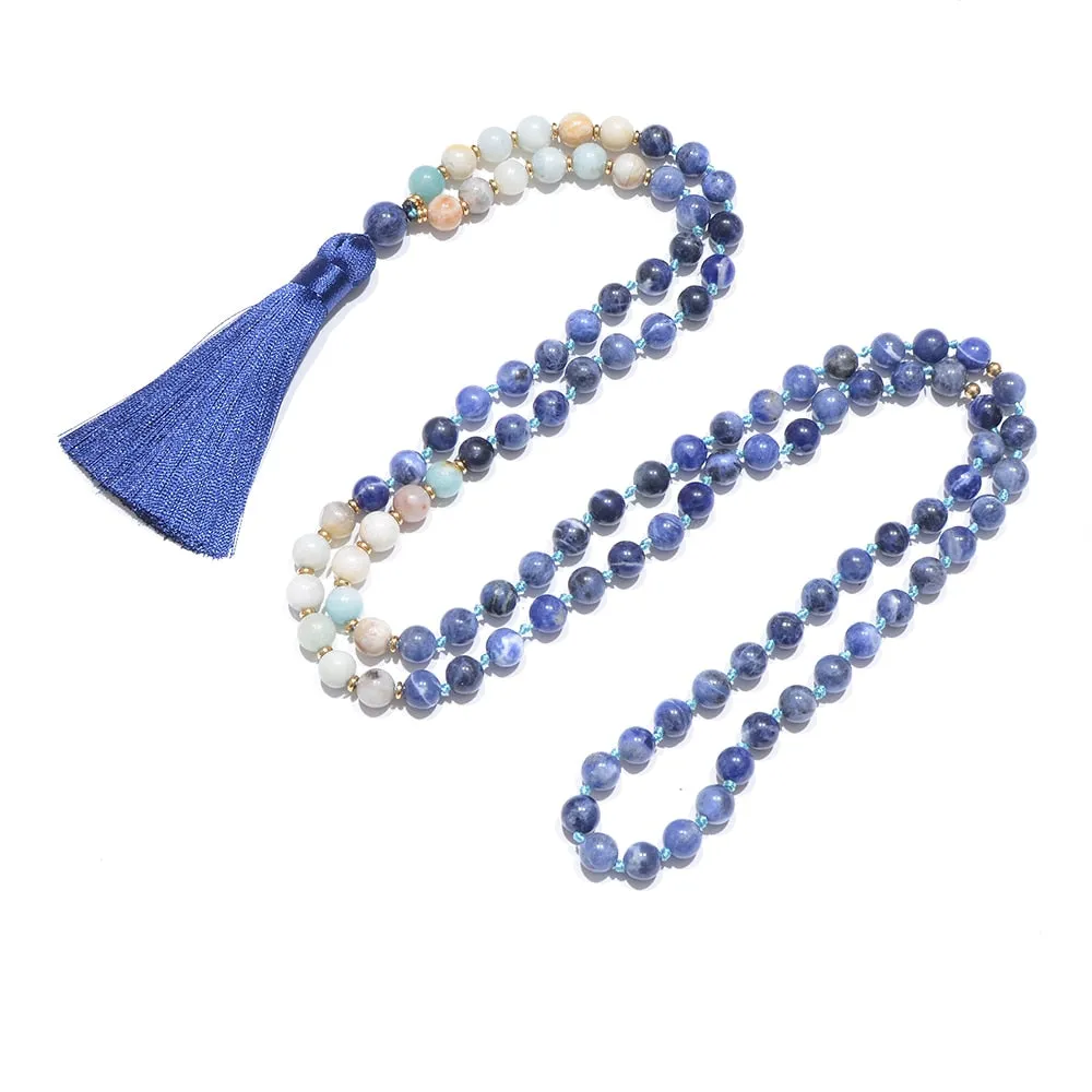 8mm Amazonite Sodalite Beaded Knotted 108 Mala Necklace