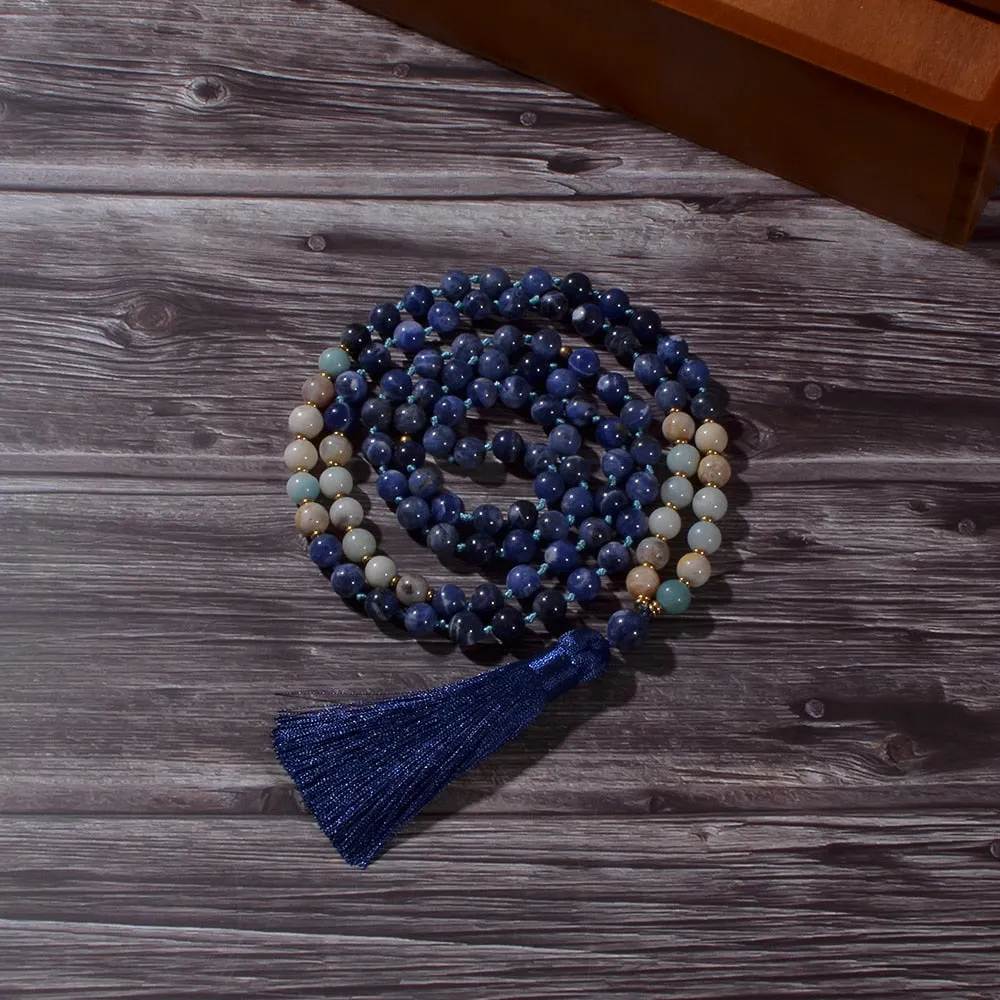 8mm Amazonite Sodalite Beaded Knotted 108 Mala Necklace