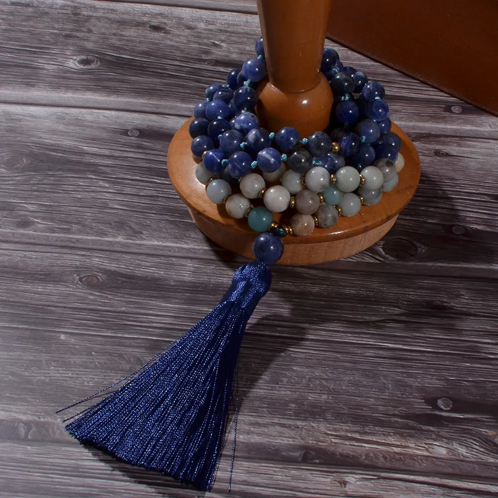 8mm Amazonite Sodalite Beaded Knotted 108 Mala Necklace
