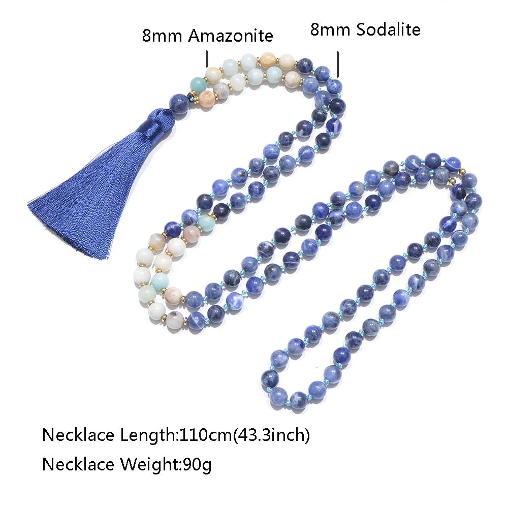 8mm Amazonite Sodalite Beaded Knotted 108 Mala Necklace