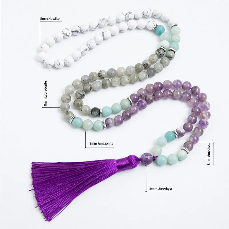 8mm Amethyst Howlite Pure Amazonite Labradorite Beaded Mala Necklace