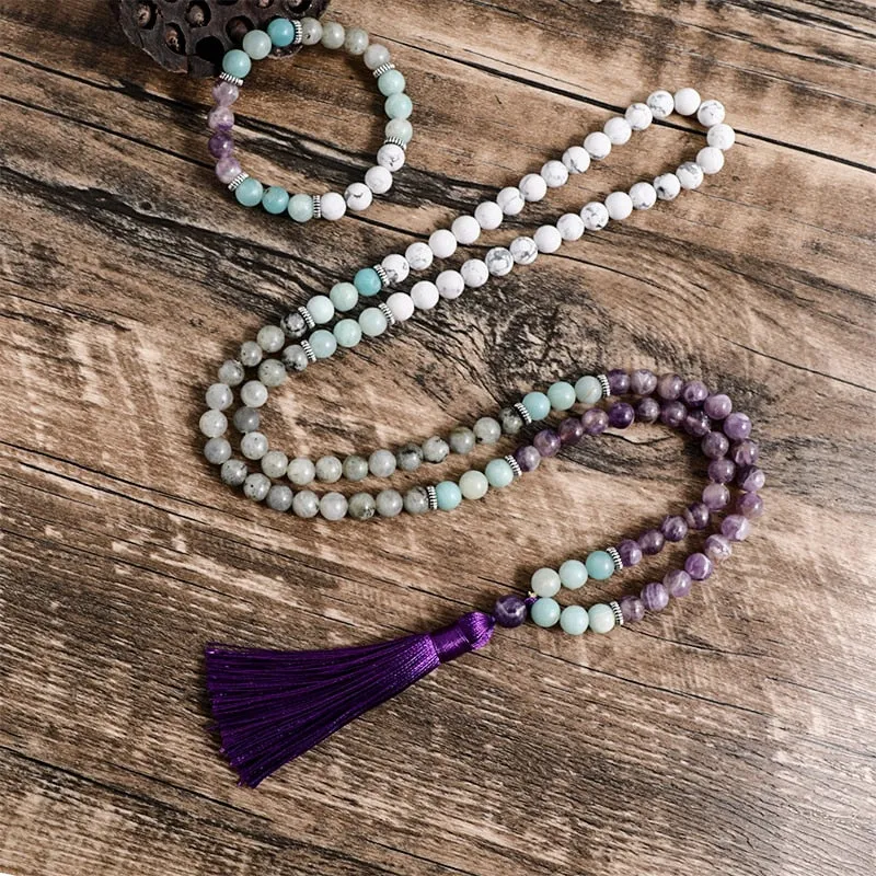 8mm Amethyst Howlite Pure Amazonite Labradorite Beaded Mala Necklace