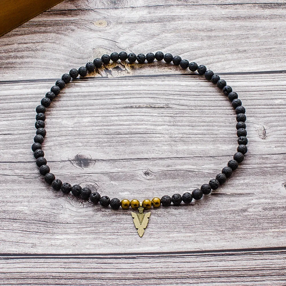 8mm Black Lava Stone Beaded Elastic Rope Neckchain Men's and Women's Arrow Pendant