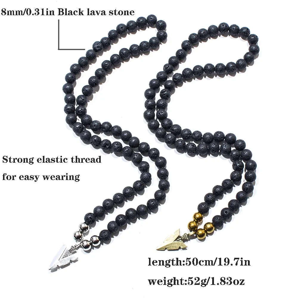 8mm Black Lava Stone Beaded Elastic Rope Neckchain Men's and Women's Arrow Pendant