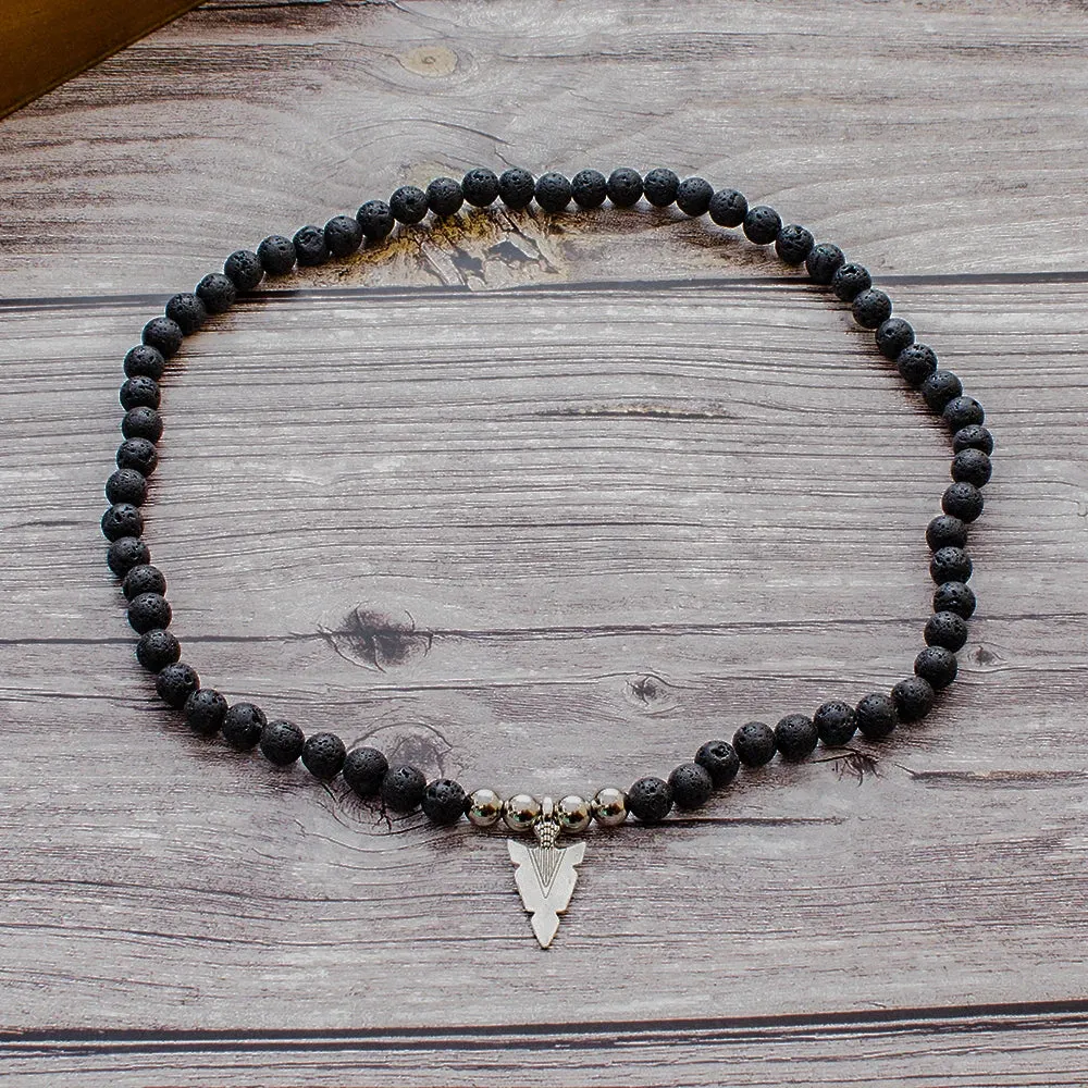 8mm Black Lava Stone Beaded Elastic Rope Neckchain Men's and Women's Arrow Pendant