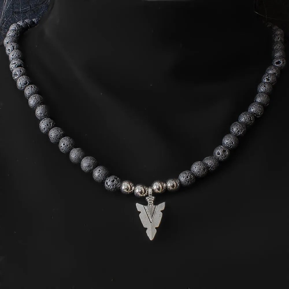 8mm Black Lava Stone Beaded Elastic Rope Neckchain Men's and Women's Arrow Pendant