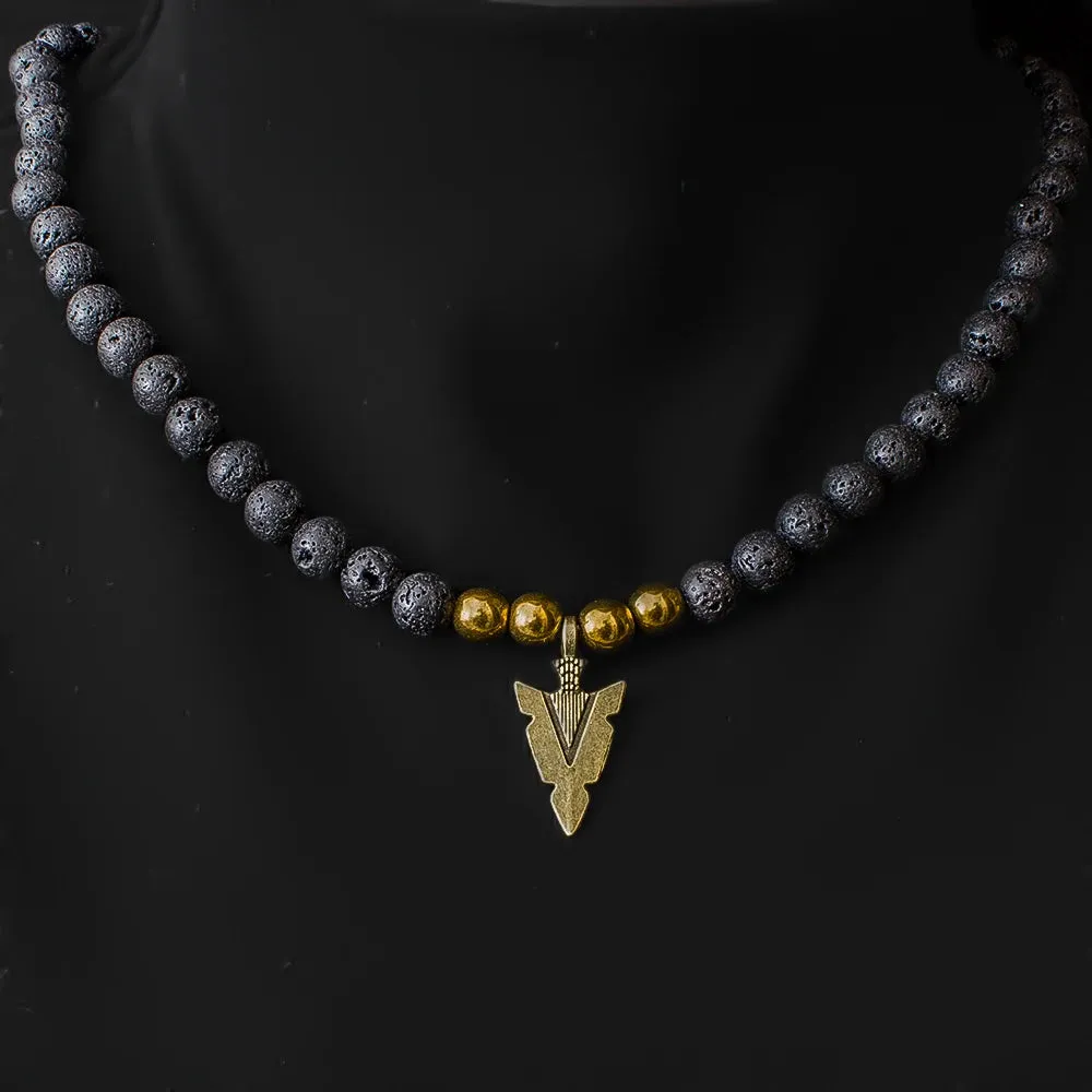 8mm Black Lava Stone Beaded Elastic Rope Neckchain Men's and Women's Arrow Pendant