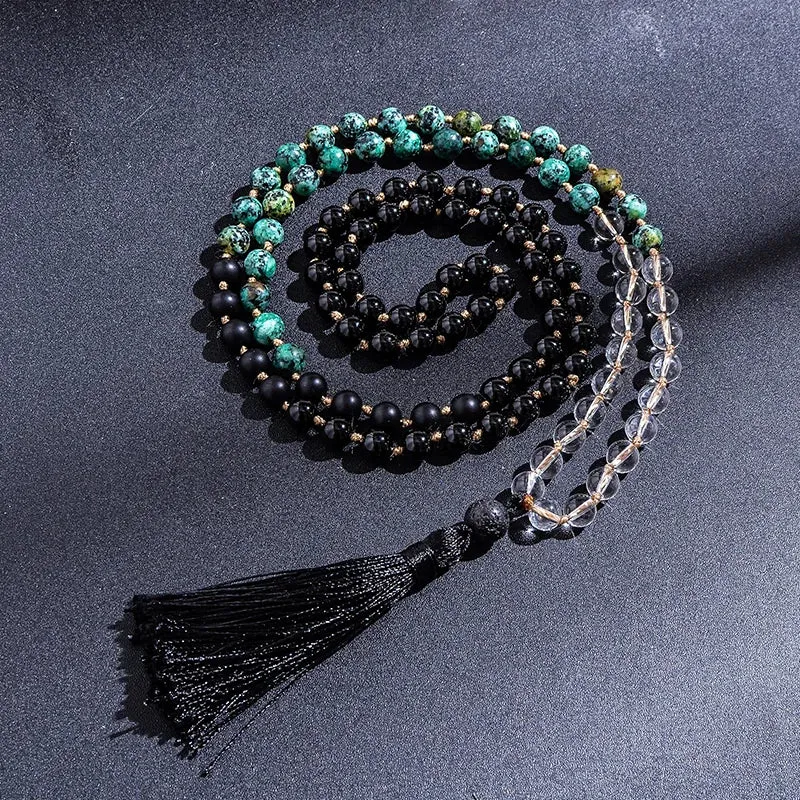 8mm Clear Quartz Black Onyx Turquesa Africana Beaded Knotted Mala Necklace 108 Japamala  Rosary