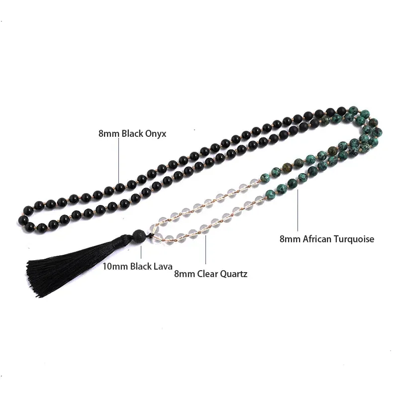 8mm Clear Quartz Black Onyx Turquesa Africana Beaded Knotted Mala Necklace 108 Japamala  Rosary