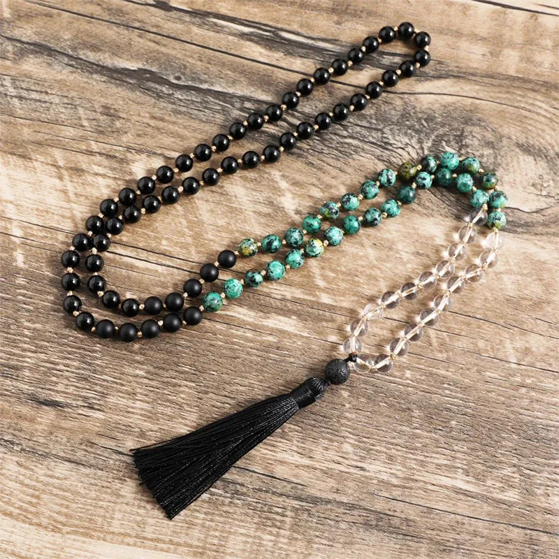 8mm Clear Quartz Black Onyx Turquesa Africana Beaded Knotted Mala Necklace 108 Japamala  Rosary