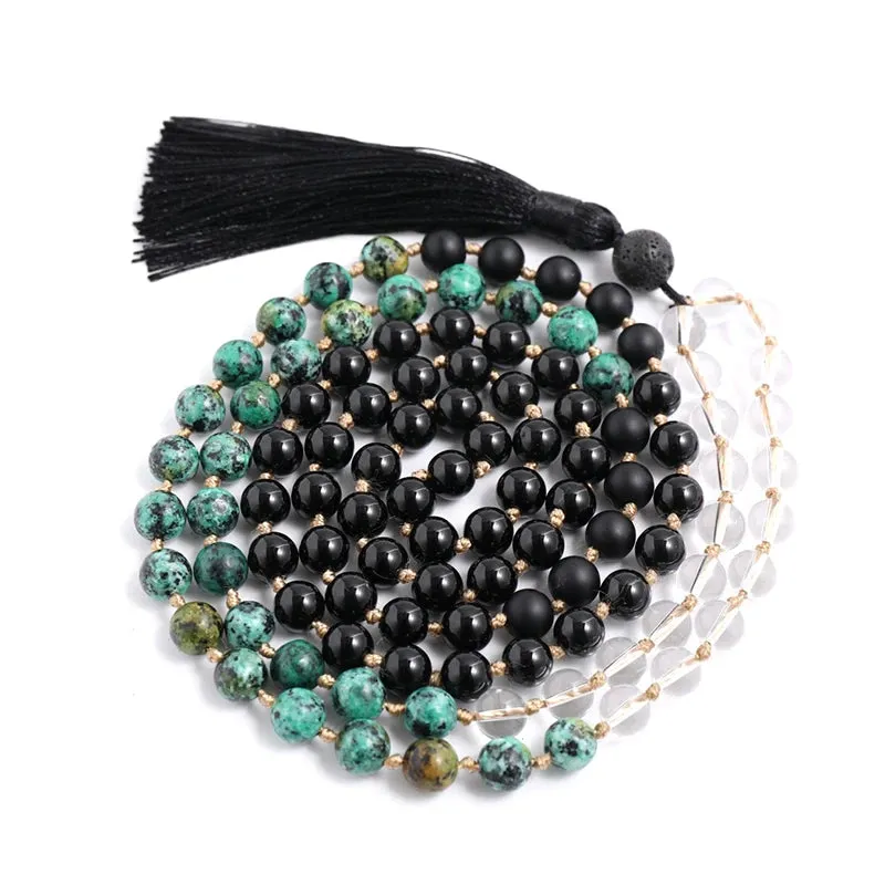 8mm Clear Quartz Black Onyx Turquesa Africana Beaded Knotted Mala Necklace 108 Japamala  Rosary