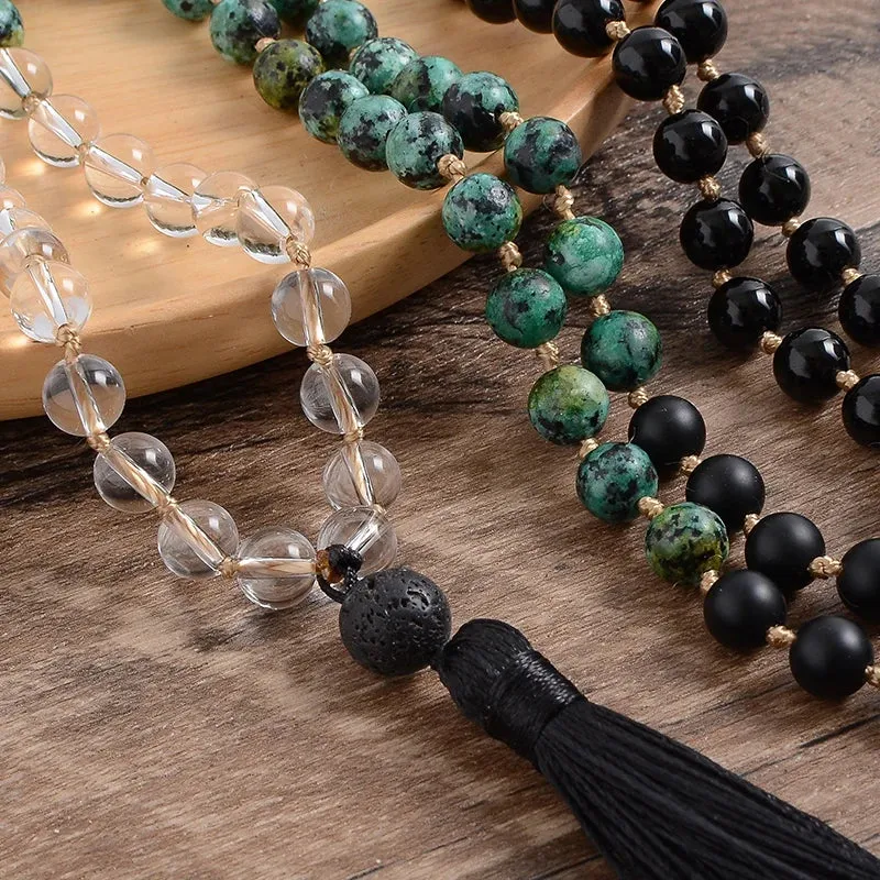 8mm Clear Quartz Black Onyx Turquesa Africana Beaded Knotted Mala Necklace 108 Japamala  Rosary