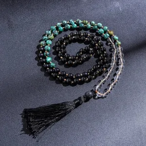 8mm Clear Quartz Black Onyx Turquesa Africana Beaded Knotted Mala Necklace 108 Japamala  Rosary