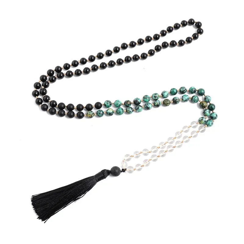 8mm Clear Quartz Black Onyx Turquesa Africana Beaded Knotted Mala Necklace 108 Japamala  Rosary