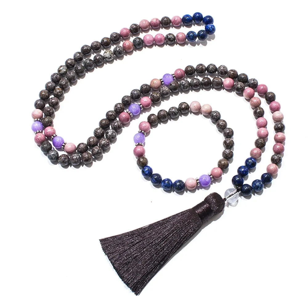 8mm Lapis Lazuli Rhodochrosite Beads 108 Mala Necklace Meditation Yoga Prayer Jewelry Japamala Set