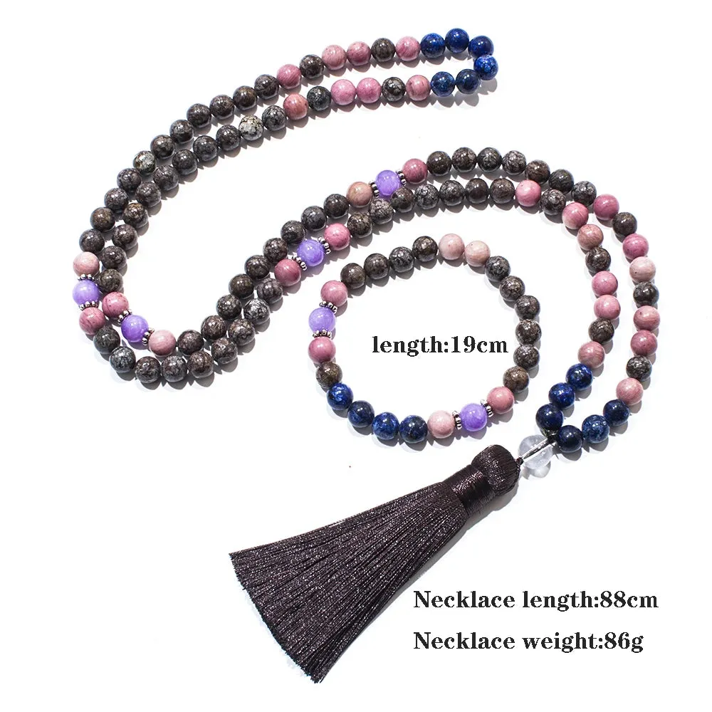 8mm Lapis Lazuli Rhodochrosite Beads 108 Mala Necklace Meditation Yoga Prayer Jewelry Japamala Set