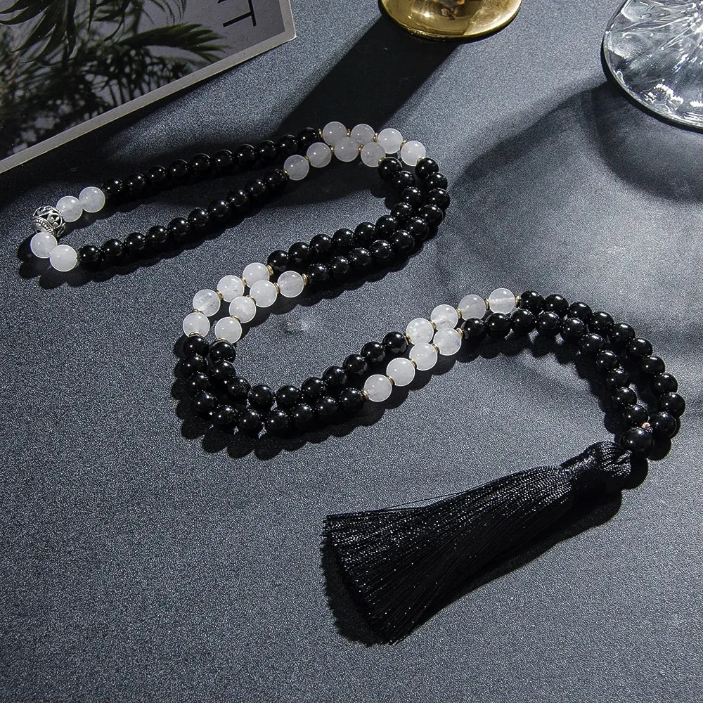 8mm Natural Black Onyx White Jade 108 Mala Beaded Necklace Meditation Yoga Prayer Japamala Jewelry Set