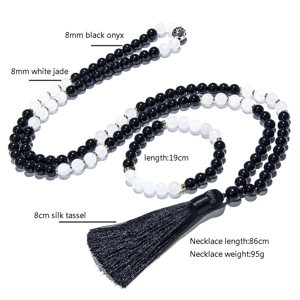 8mm Natural Black Onyx White Jade 108 Mala Beaded Necklace Meditation Yoga Prayer Japamala Jewelry Set