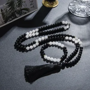 8mm Natural Black Onyx White Jade 108 Mala Beaded Necklace Meditation Yoga Prayer Japamala Jewelry Set