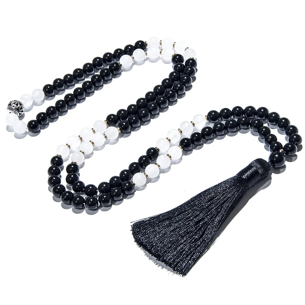 8mm Natural Black Onyx White Jade 108 Mala Beaded Necklace