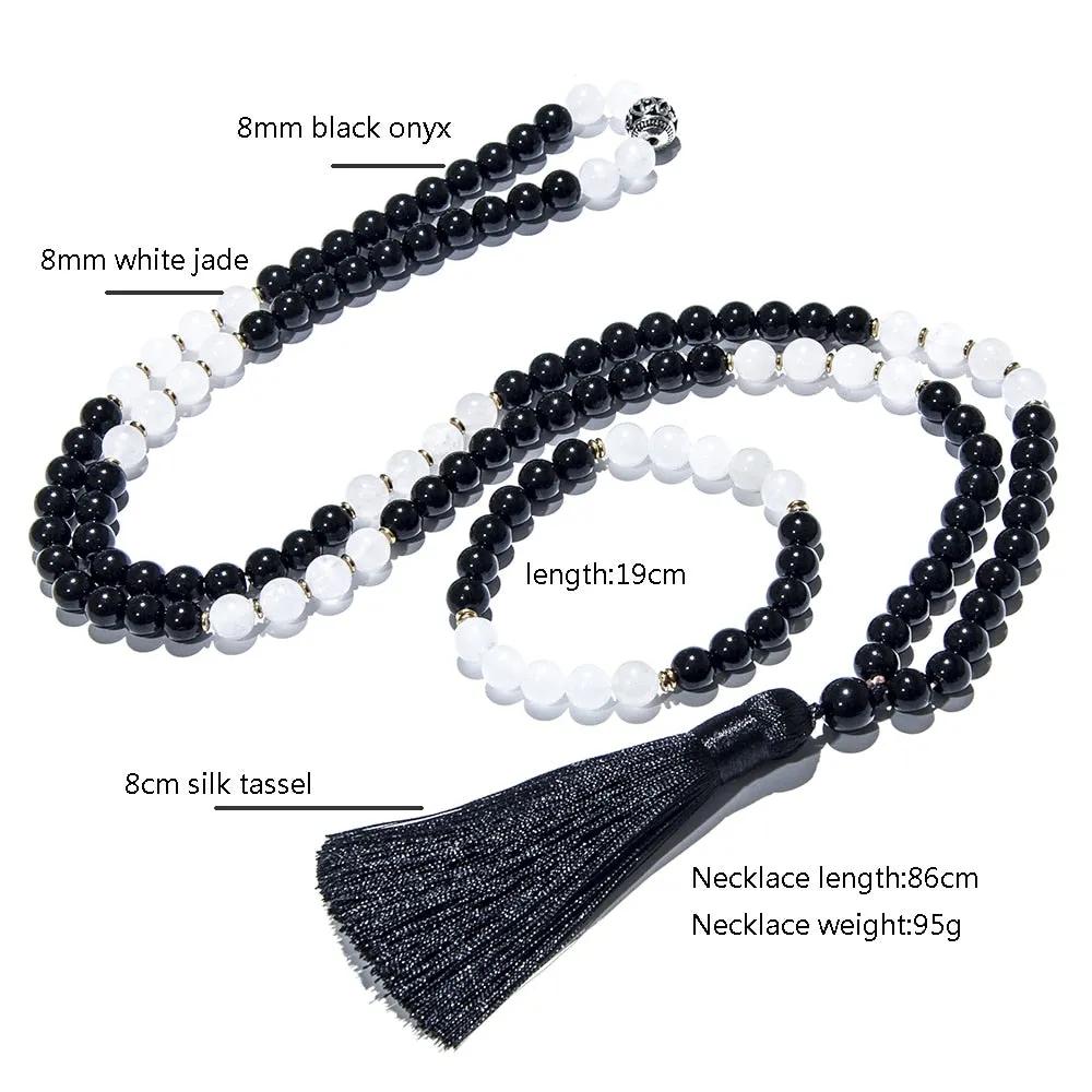 8mm Natural Black Onyx White Jade 108 Mala Beaded Necklace