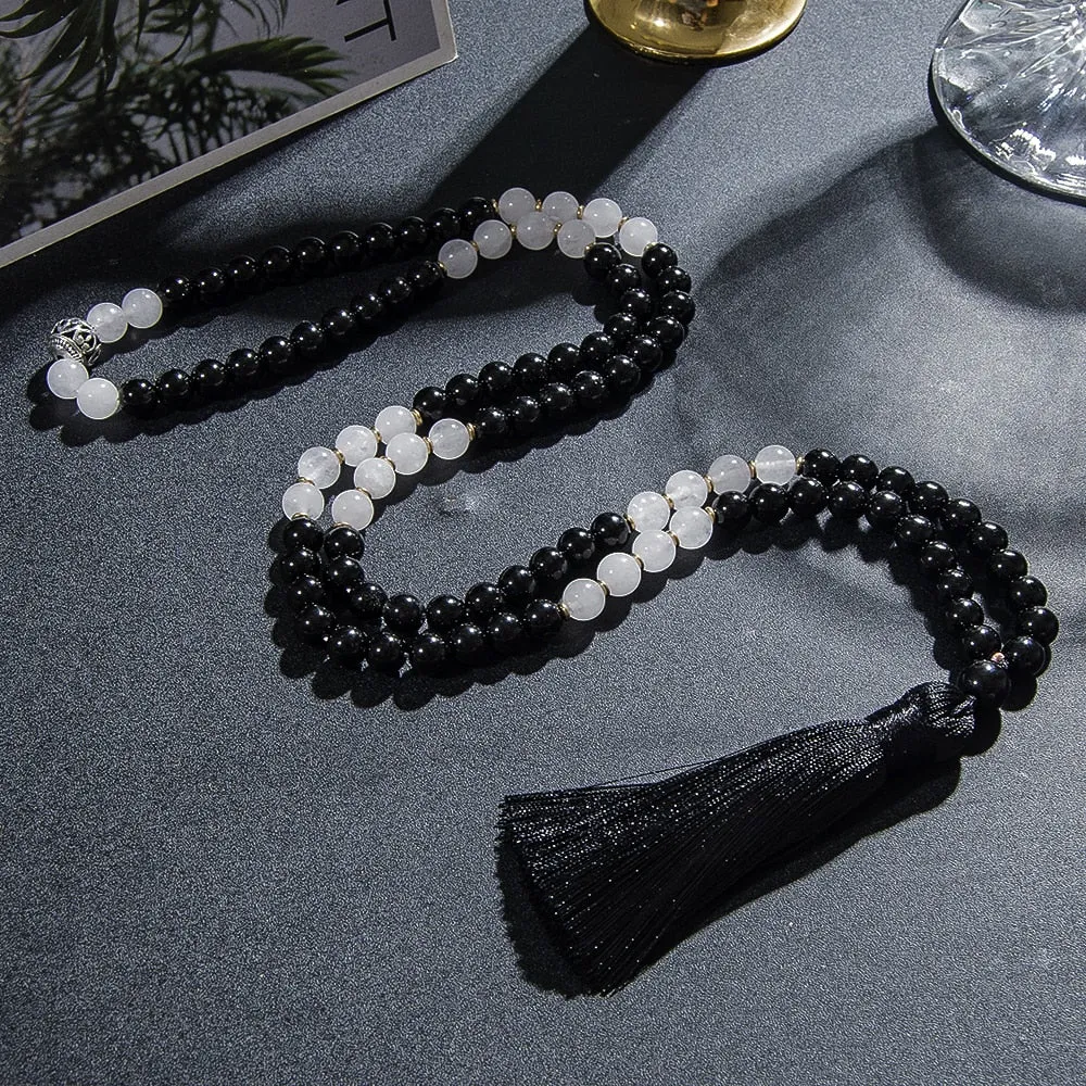 8mm Natural Black Onyx White Jade 108 Mala Beaded Necklace