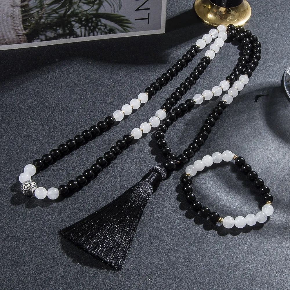 8mm Natural Black Onyx White Jade 108 Mala Beaded Necklace