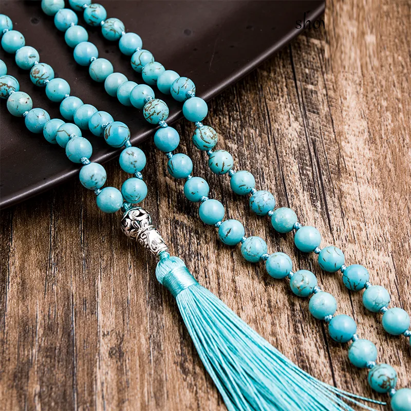 8mm Natural Blue Turquoise Beaded Knotted Mala Necklace