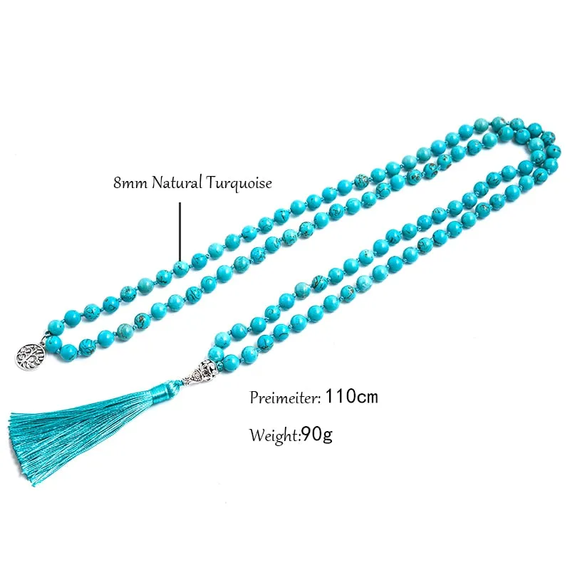 8mm Natural Blue Turquoise Beaded Knotted Mala Necklace