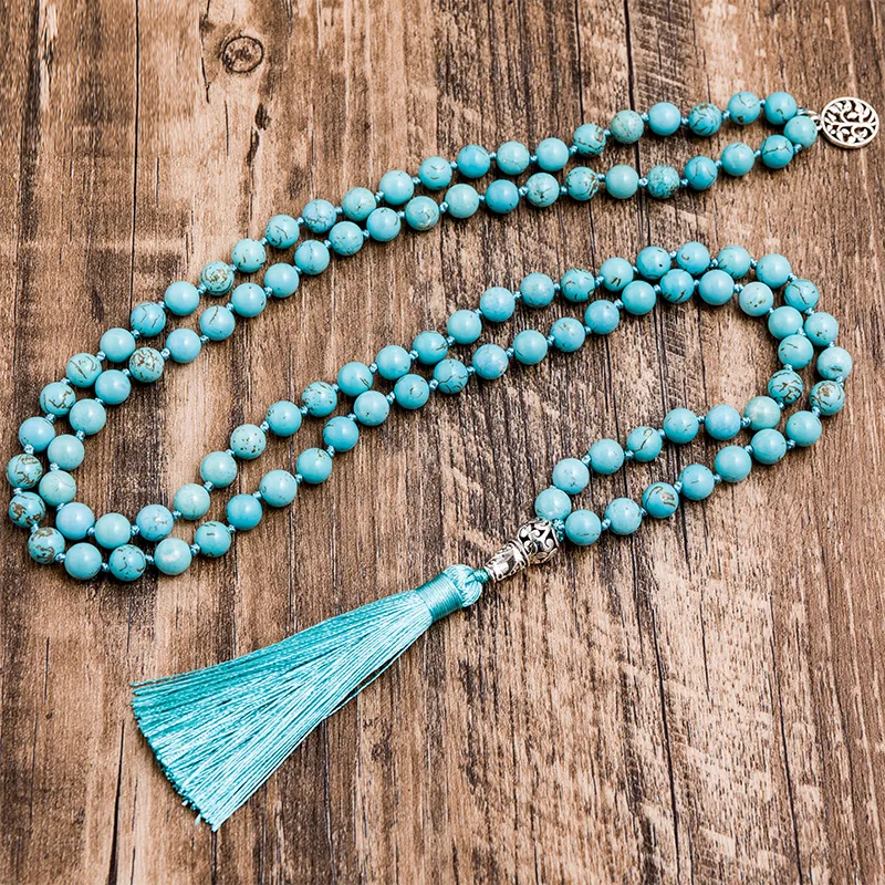 8mm Natural Blue Turquoise Beaded Knotted Mala Necklace