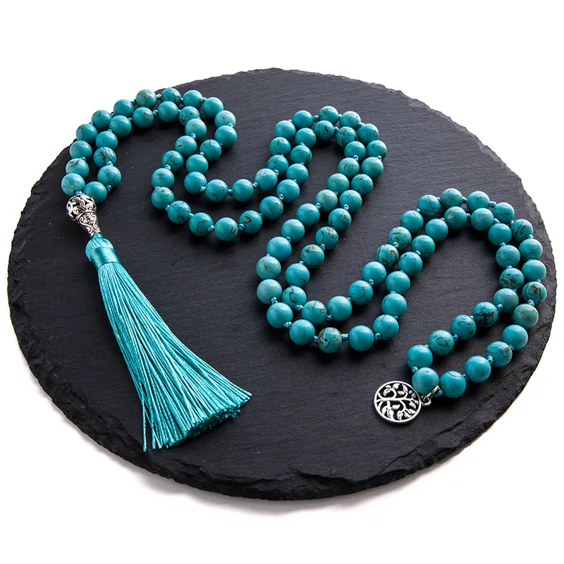 8mm Natural Blue Turquoise Beaded Knotted Mala Necklace