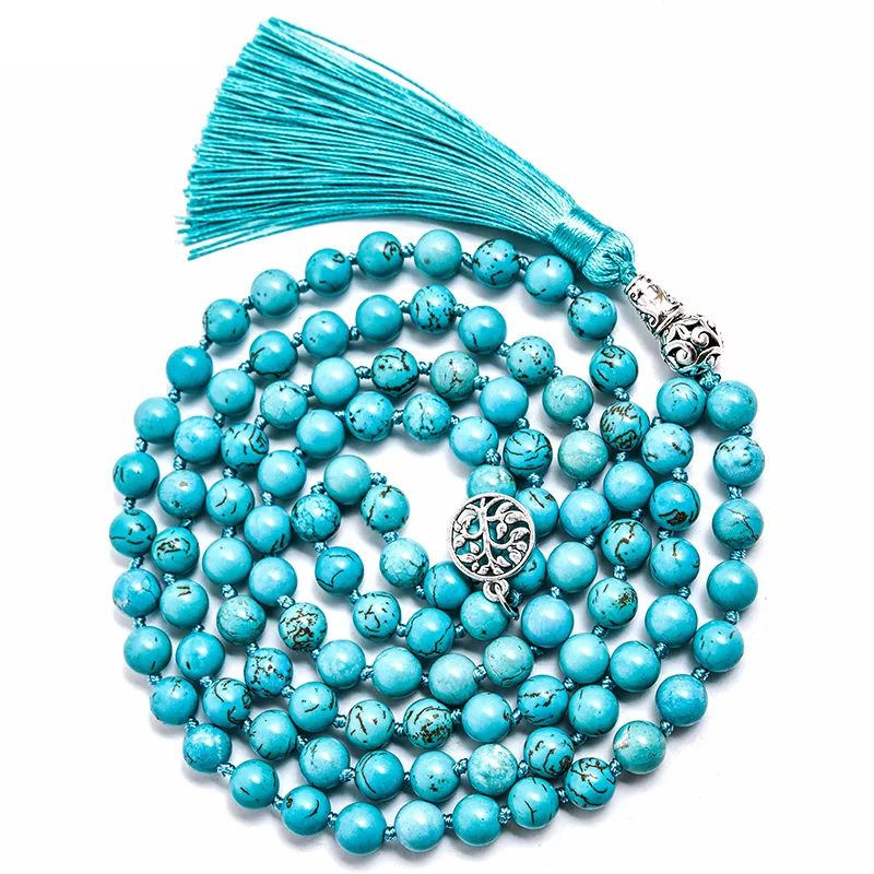 8mm Natural Blue Turquoise Beaded Knotted Mala Necklace