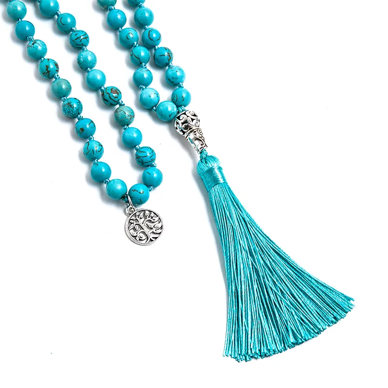 8mm Natural Blue Turquoise Beaded Knotted Mala Necklace