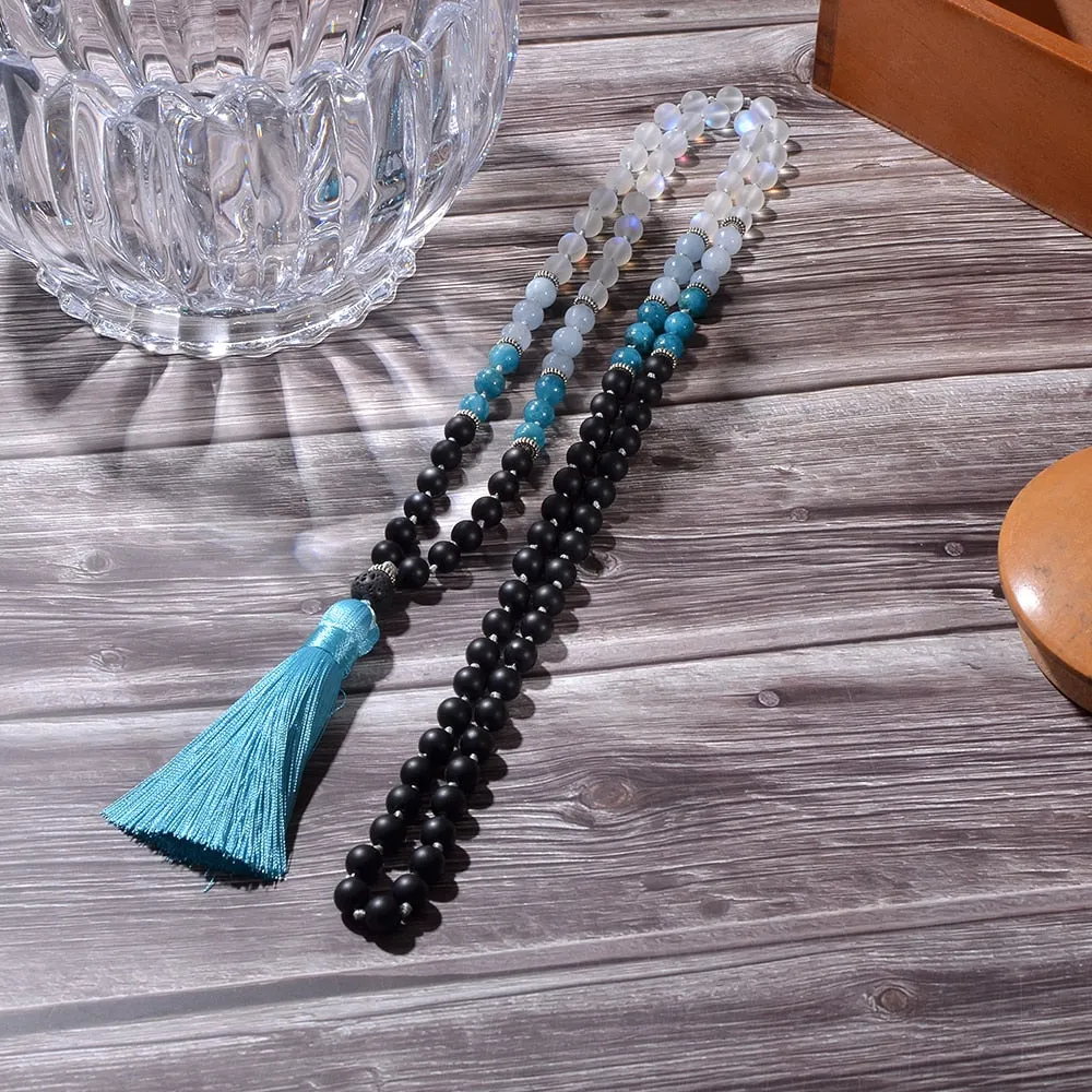 8mm Natural Stone Beads Knotted 108 Mala Necklace