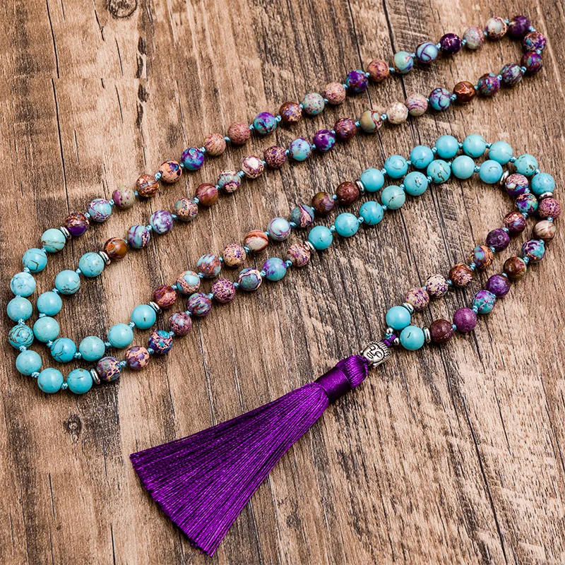 8mm Natural Turquoise Violet Imperal Jaspers Beaded Knotted 108 Japamala Necklace