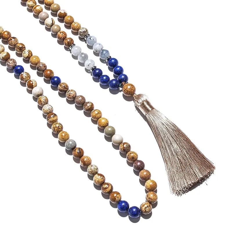 8mm Picture Jasper Lapis Lazuli Labradorite Japamala Beaded Necklace