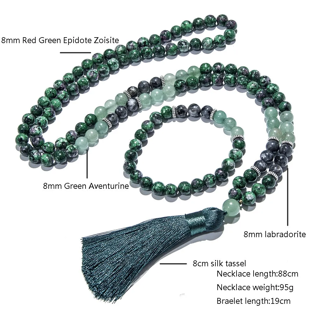 8mm Red Green Epidote Zoisite Labradorite Beaded 108 Mala Necklace Set