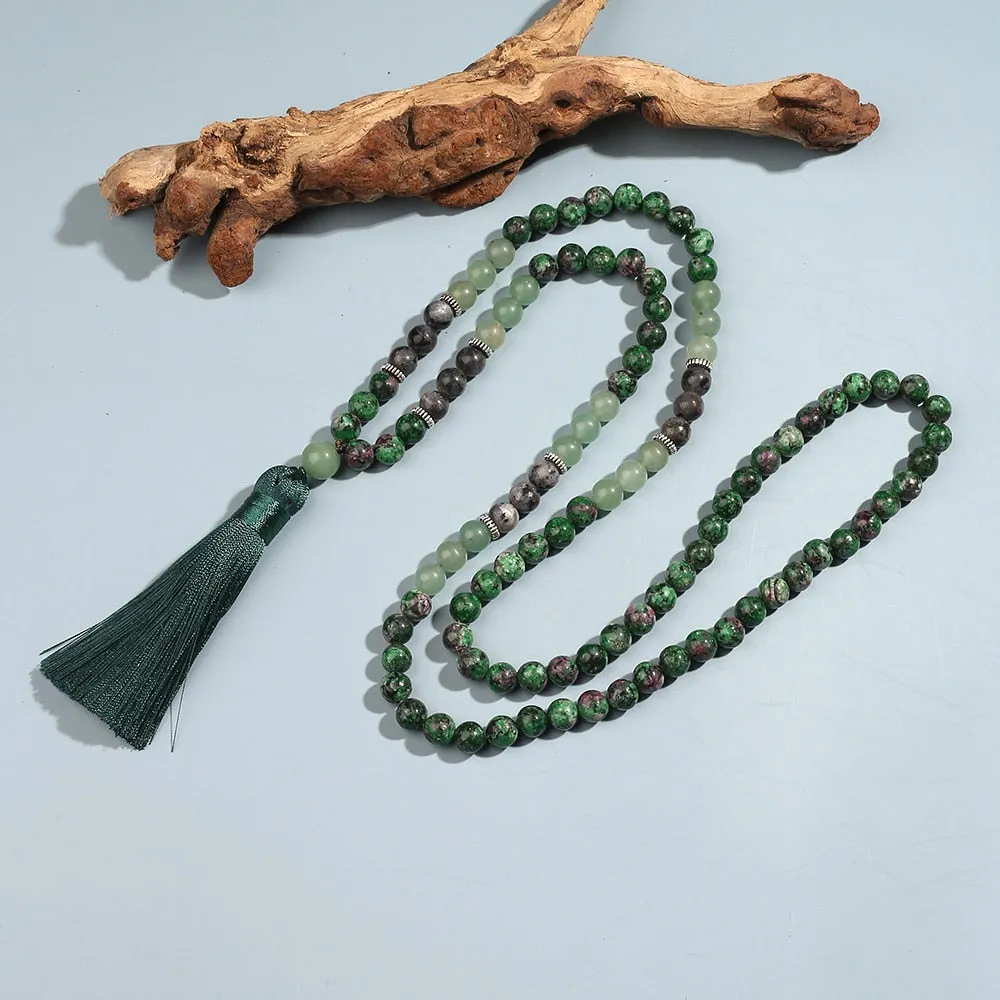 8mm Red Green Epidote Zoisite Labradorite Beaded 108 Mala Necklace Set