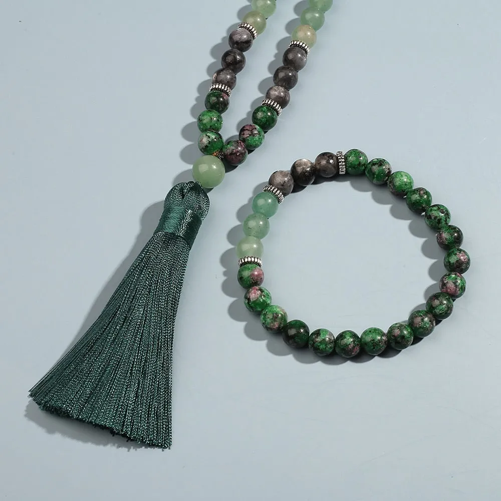 8mm Red Green Epidote Zoisite Labradorite Beaded 108 Mala Necklace Set