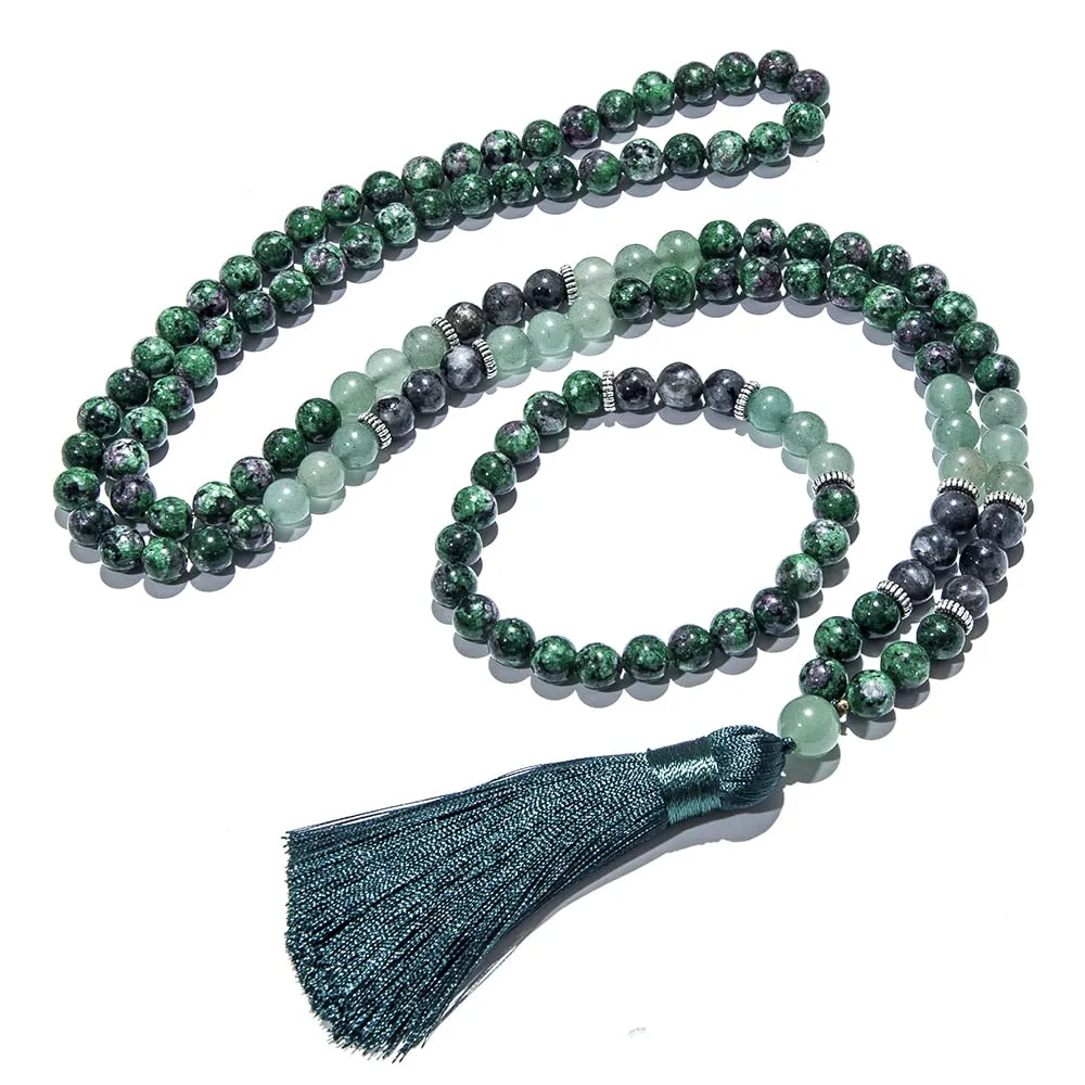 8mm Red Green Epidote Zoisite Labradorite Beaded 108 Mala Necklace Set