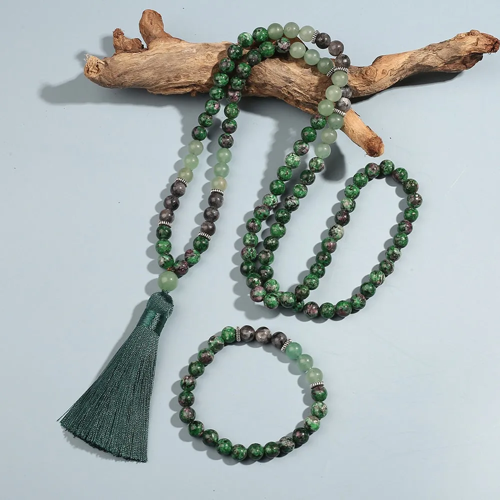 8mm Red Green Epidote Zoisite Labradorite Beaded 108 Mala Necklace Set