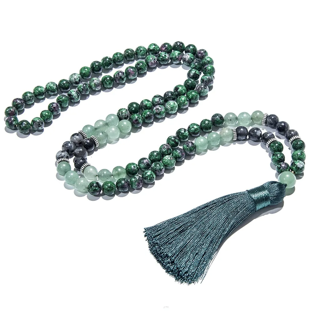 8mm Red Green Epidote Zoisite Labradorite Beaded 108 Mala Necklace Set