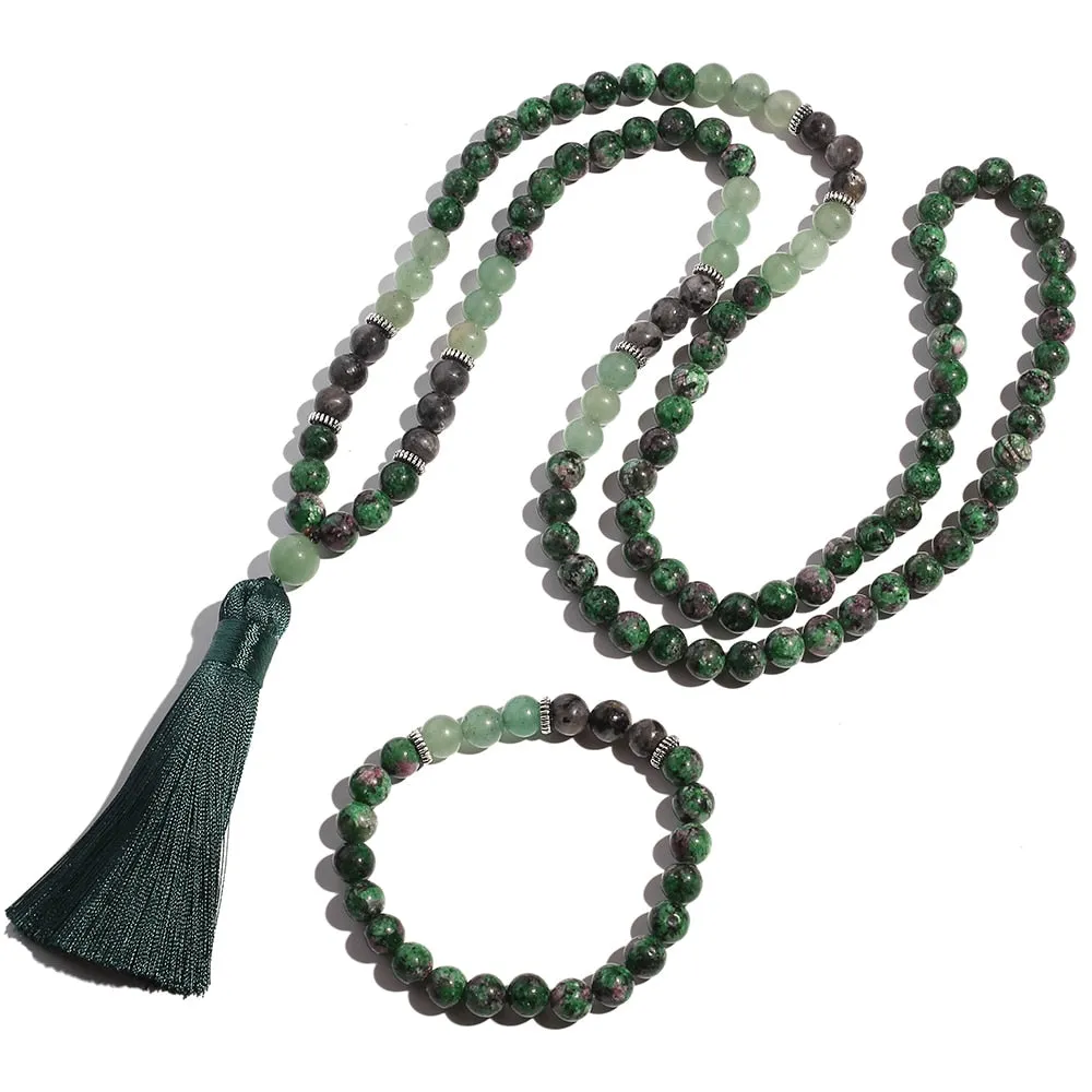 8mm Red Green Epidote Zoisite Labradorite Beaded 108 Mala Necklace Set