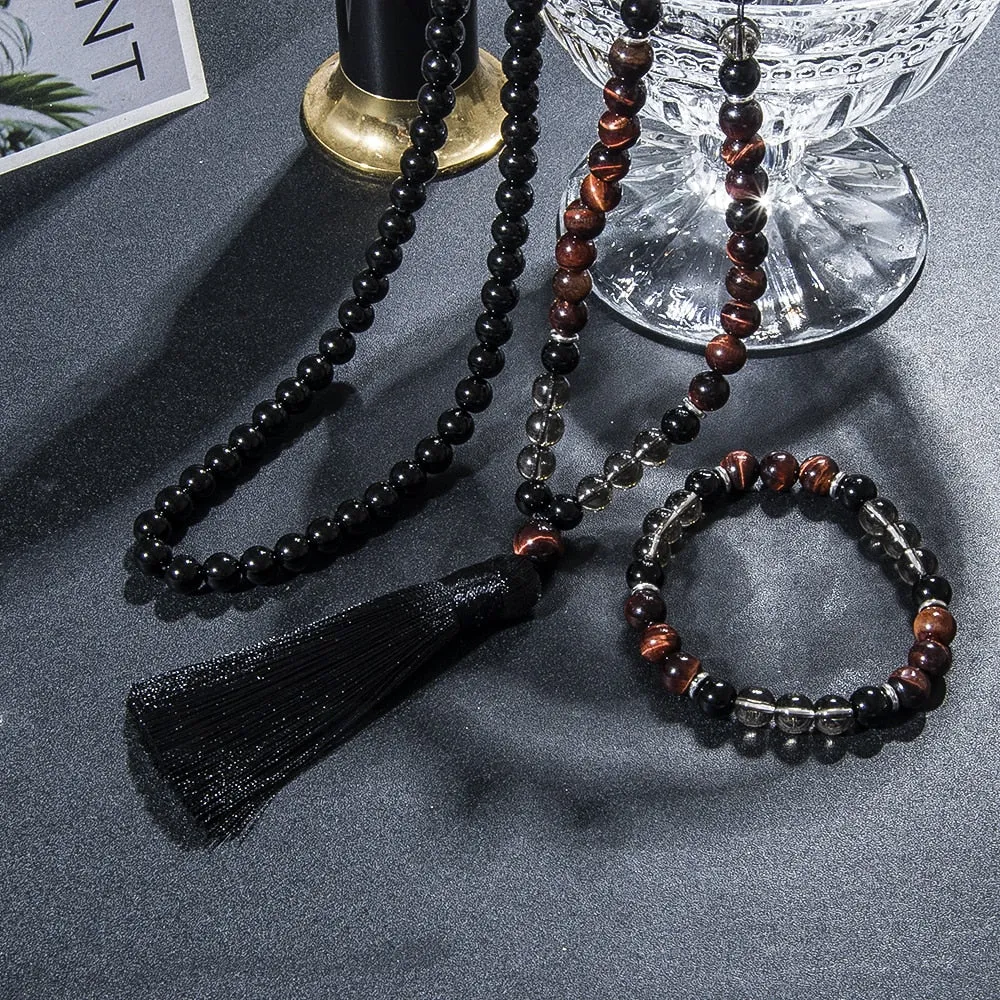 8mm Red Tiger Eye Black Onyx 108 Mala Beaded Necklace