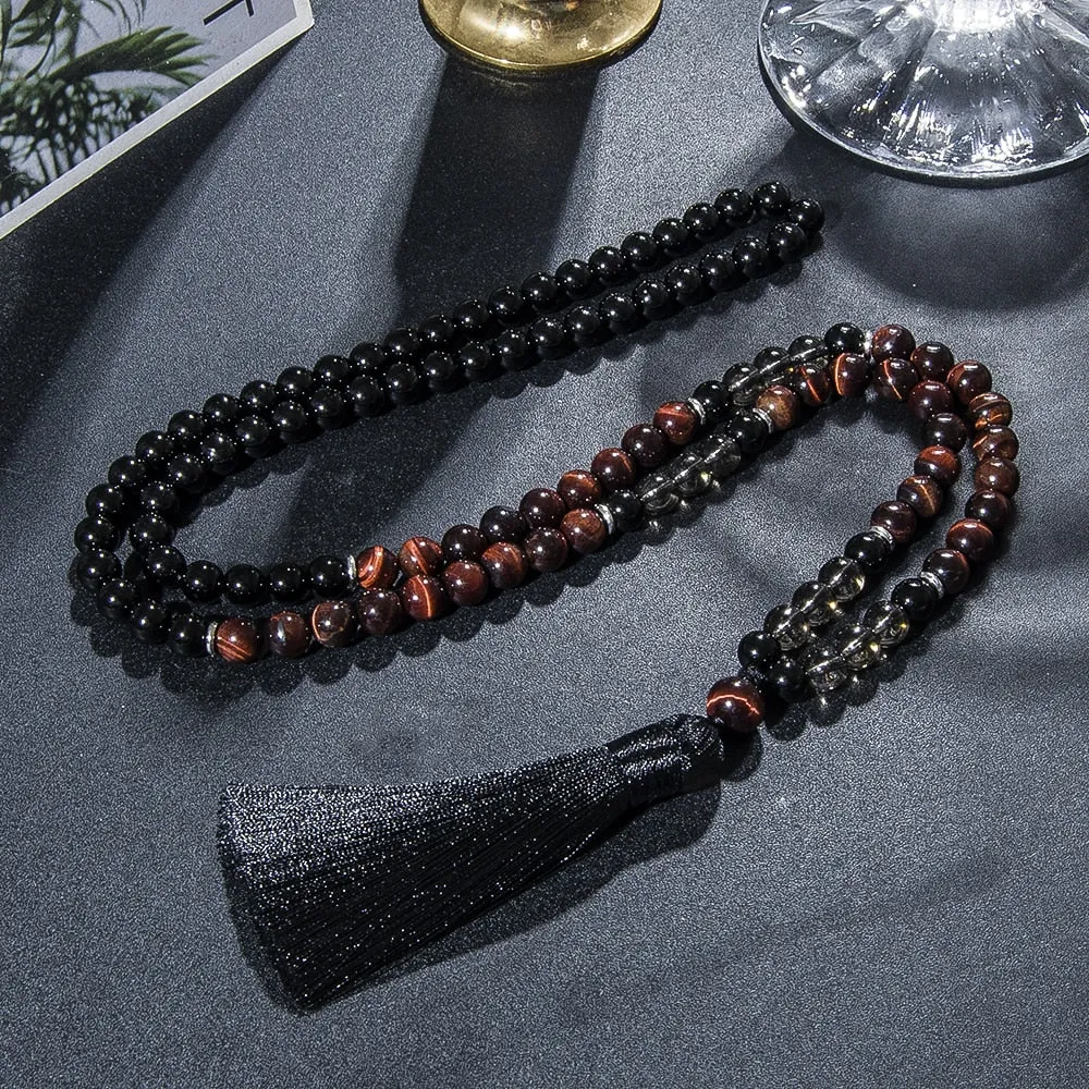 8mm Red Tiger Eye Black Onyx 108 Mala Beaded Necklace