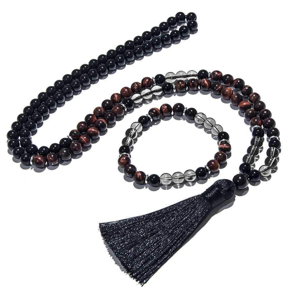 8mm Red Tiger Eye Black Onyx 108 Mala Beaded Necklace